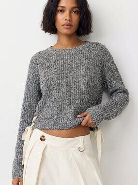 GUESS Side-Lace Chunky Knit Cropped Sweater Size L Grey & White Marled Pullover